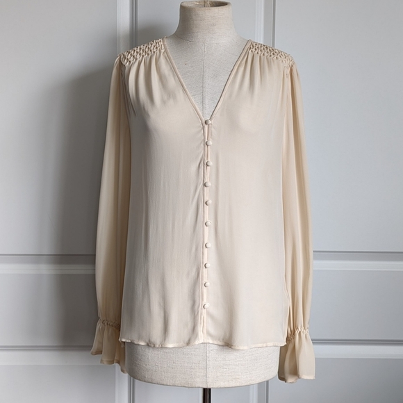 PAIGE Blouse Deluca 100% Silk V-Neck Button Front Long Poet Sleeves Ecru M NWT - Picture 1 of 16